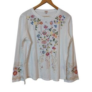 REBA Women's Embroidered Floral Long Sleeve White Cotton Shirt Top Size Large